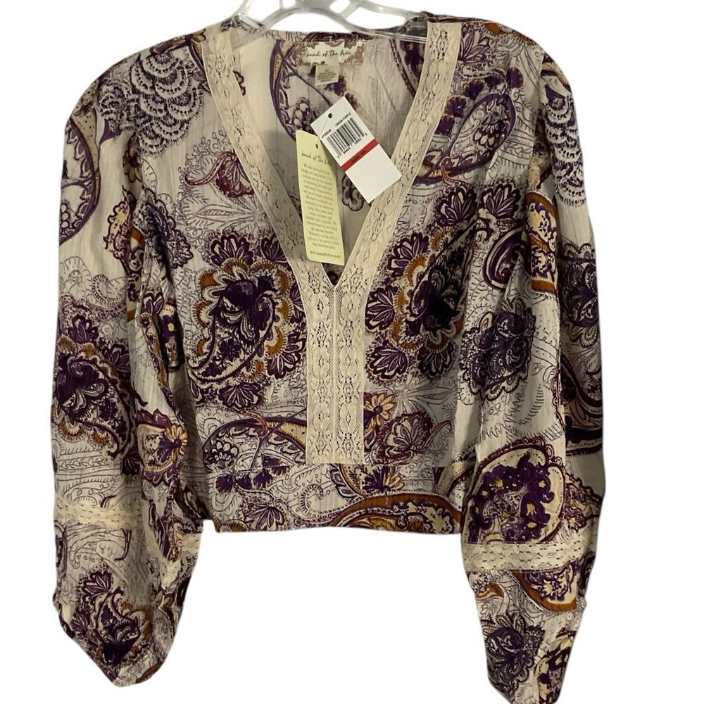 NWT Band of the Free Cream Purple Paisley Floral Boho Crop Top Size XS